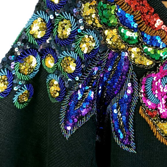 Vtg Lindsey Blake Black Sweater Women's S Multicolor Sequins Beads Wearable Art - Picture 5 of 11